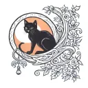 Black cat hanging from a crescent moon by it's paw tattoo design idea