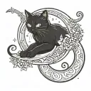 Black cat hanging from a crescent moon by it's paw tattoo design idea