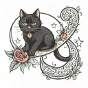 Black cat hanging from a crescent moon by it's paw tattoo design idea