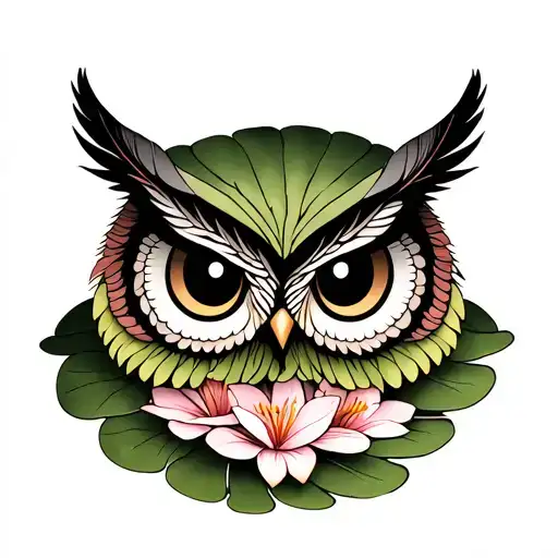 Owl with feathers made of lily pad flowers tattoo design idea