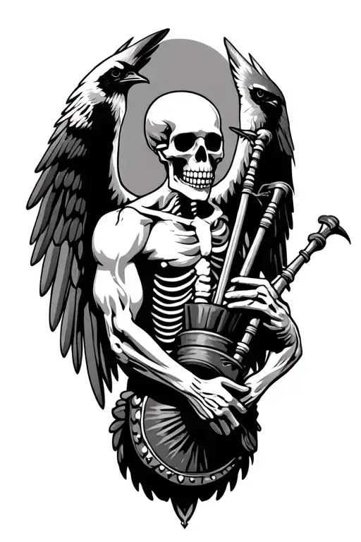 winged muscular skeleton playing bagpipes crows tattoo design idea