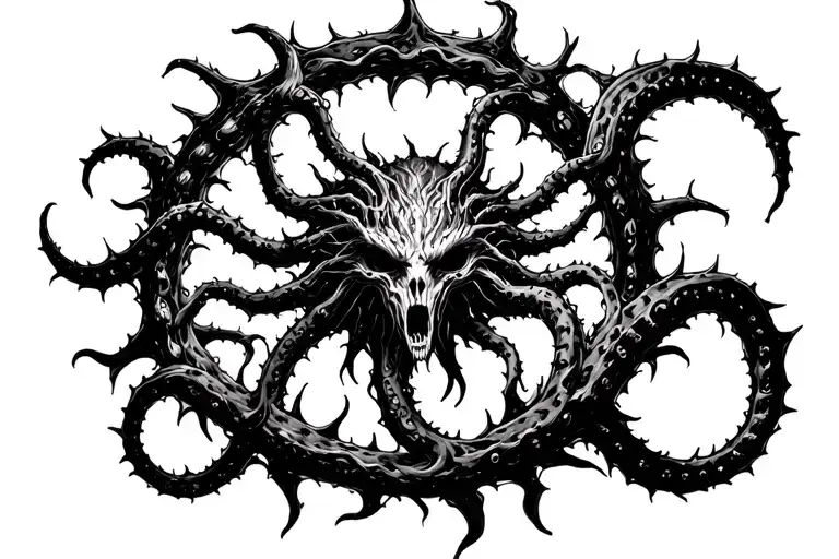 Azathoth, Lovecraftian god, in a circle of thorns that turn into tentacles outwards tattoo design idea