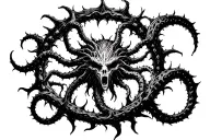 Azathoth, Lovecraftian god, in a circle of thorns that turn into tentacles outwards tattoo design idea