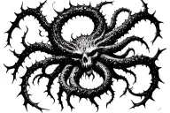 Azathoth, Lovecraftian god, in a circle of thorns that turn into tentacles outwards tattoo design idea