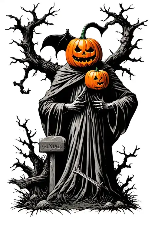 pumpkin head reaper full body grave yard tattoo design idea