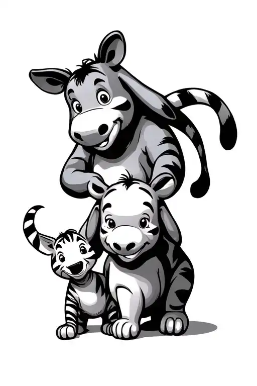 baby pictures of eeyore, winnie the pooh, tigger and piglet stacked  tattoo design idea