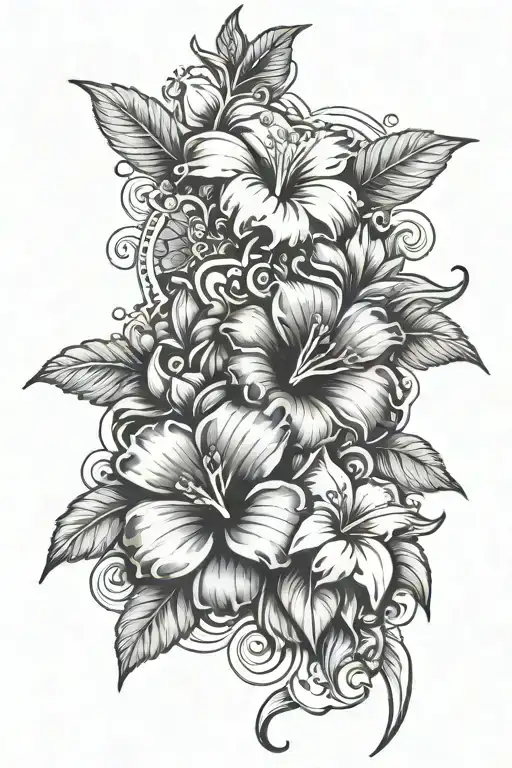 An inner thigh tattoo with hibiscus and frangipanis, suns, shells, starfishes, large and more long than wide,  tattoo design idea