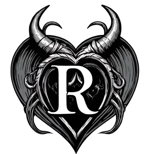 devil horn heart with initial R linework tattoo tattoo design idea