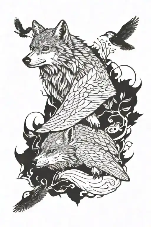 wolf and owl flying tattoo design idea