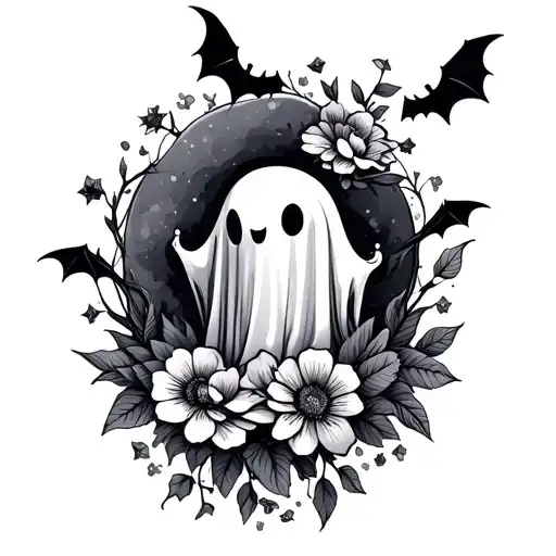 a Cute tattoo with ghosts, flowers, bats tattoo design idea