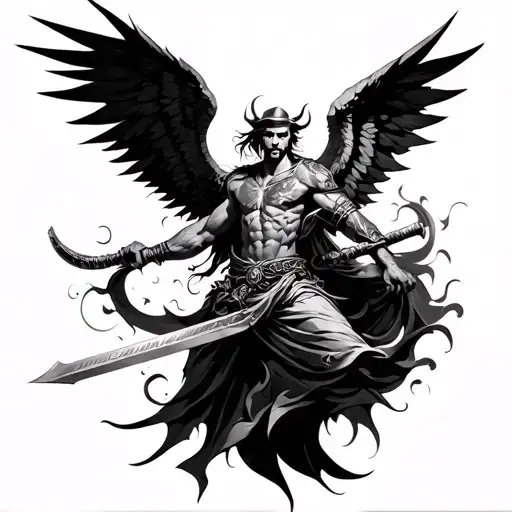 Mythical warrior with angel and demon wings, wielding a sword dynamically shoulder cap  wrap tattoo, flowing into chest. tattoo design idea