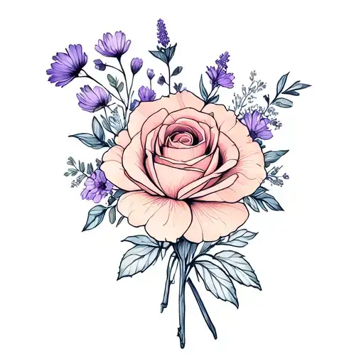 rose, marigold, cosmos, violet bouquet tattoo design idea