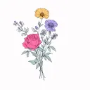 rose, marigold, cosmos, violet bouquet tattoo design idea