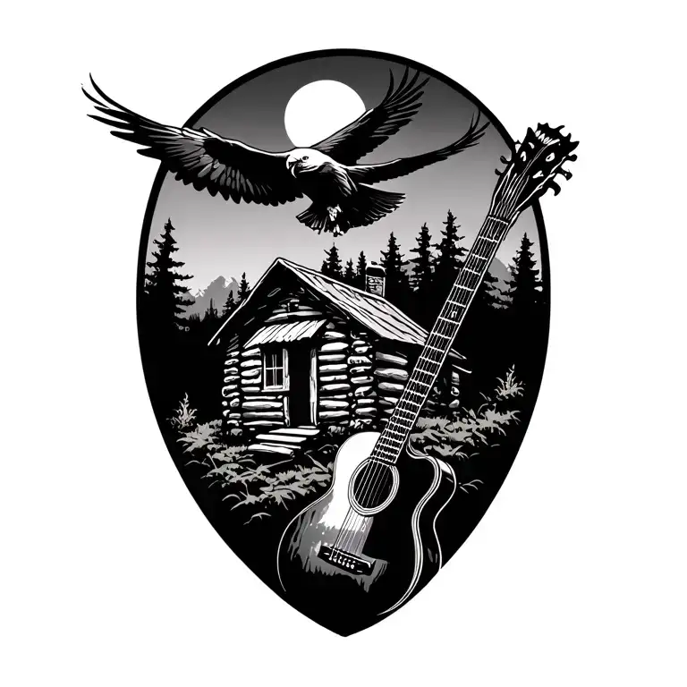 log cabin with an acoustic guitar in front and an eagle flying above. nature scene  tattoo design idea