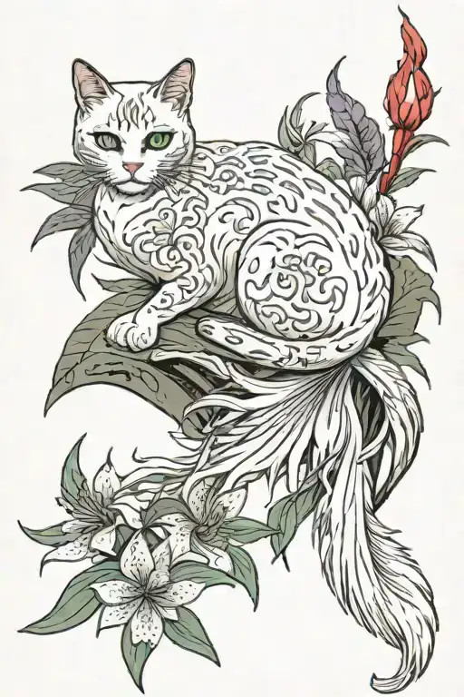 White Cat lying on a singular Spider Lily flower intertwined tattoo design idea