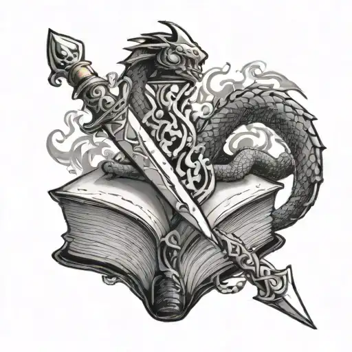 an open book seen from the bottom, with an ornate dagger pointing on the center of the book. with a dragon and a flame tattoo design idea