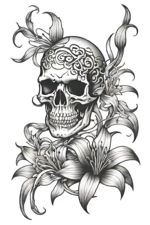 skull snake red spider lily tattoo design idea