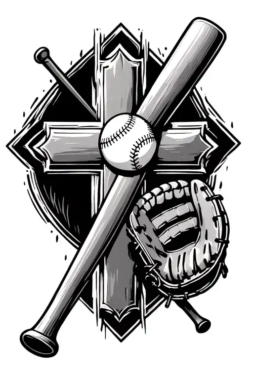 cross with a baseball bat and baseball glove tattoo design idea