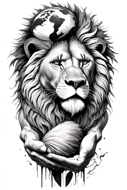 lion Atlas with human body holding up the world tattoo design idea