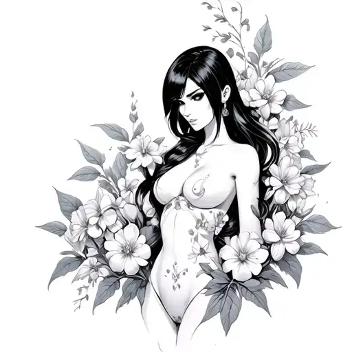 Nico Robin One Piece surrounded by flowers growing tattoo design idea