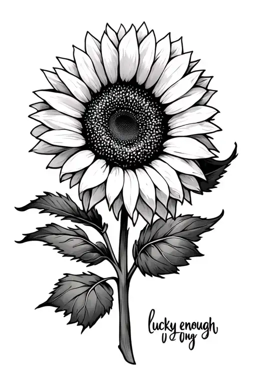 sunflower with lucky enough written down the stem  tattoo design idea