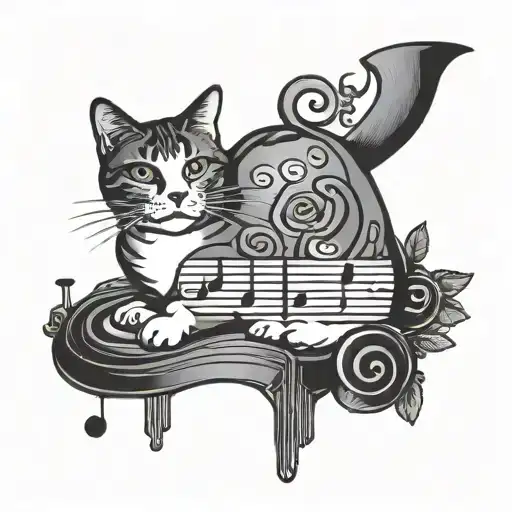 cat wine music notes tattoo design idea