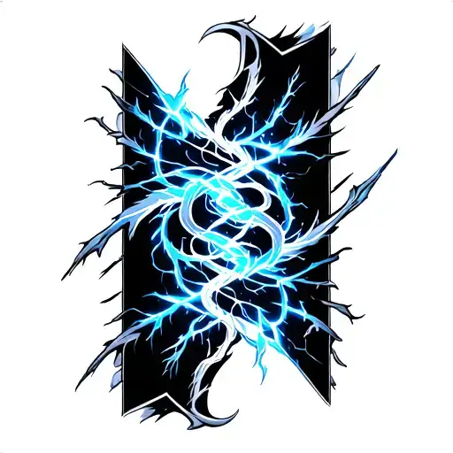 Design me a tattoo on the arm of a guy from the shoulder of the wrist complicated intertwined lightning, mostly black with blue and white details tattoo design idea