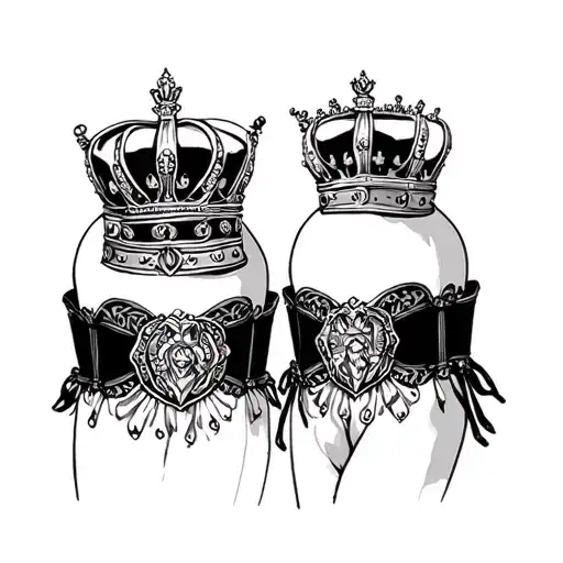 Create a design featuring garter belt with king and queen crowns on upper leg tattoo design idea