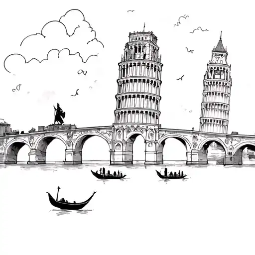 colloseum with the leaning tower of pisa, rialto bridge and a gondola underneath, brandenburg gate and big ben  tattoo design idea