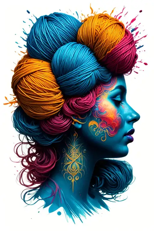 side profile female face with yarn exploding from top it tattoo design idea