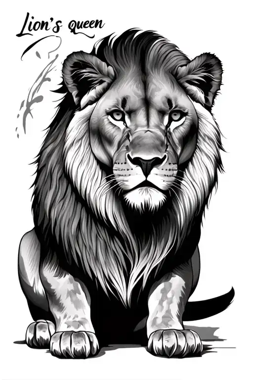 Generate tattoo designs for forearm of a lioness sitting sideways fierce yet soft. Also with a tag line lion's queen . tattoo design idea