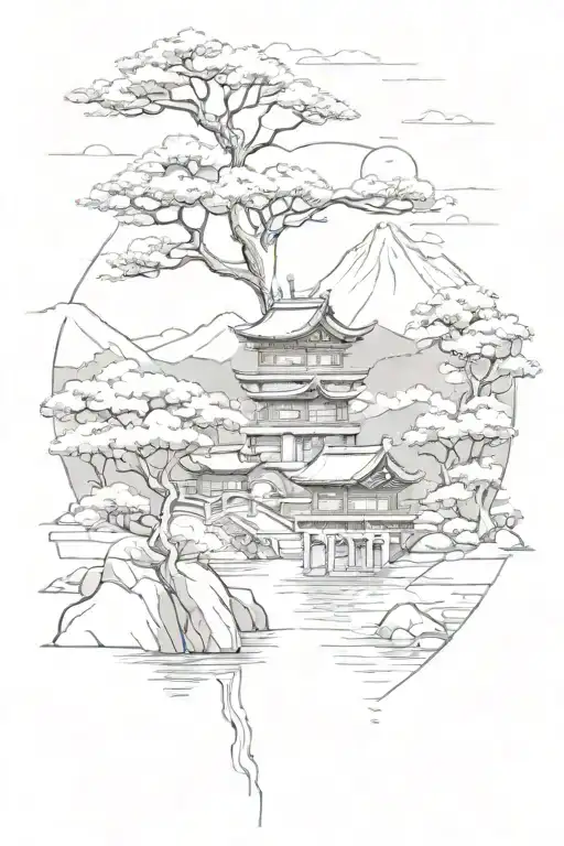 peaceful Japanese scenery tattoo design idea
