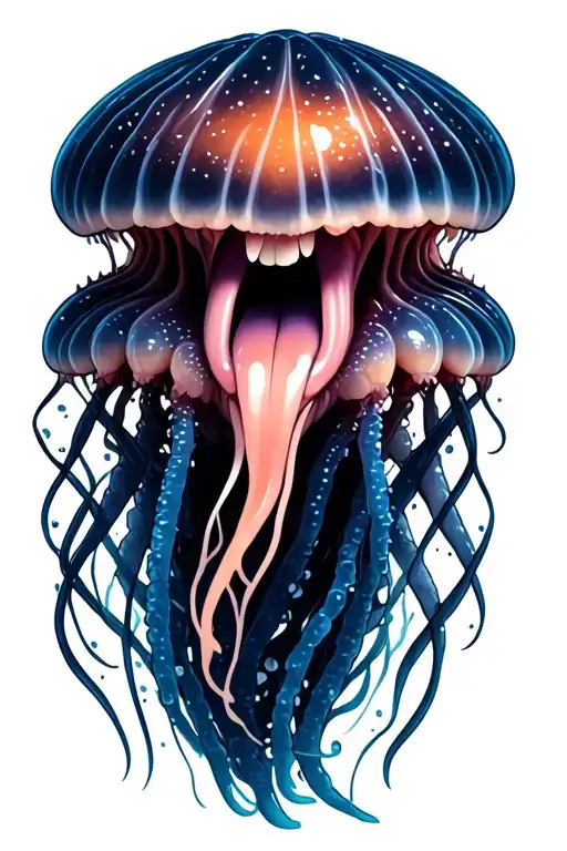A sensual jellyfish with provocative expression, the tongue out and drooling slightly, as if seduced the observer. Your tattoo design idea