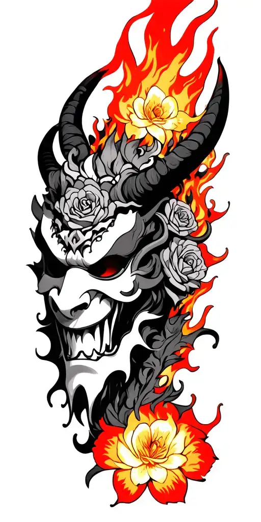 flowers and roses oni demon mask with fire  tattoo design idea
