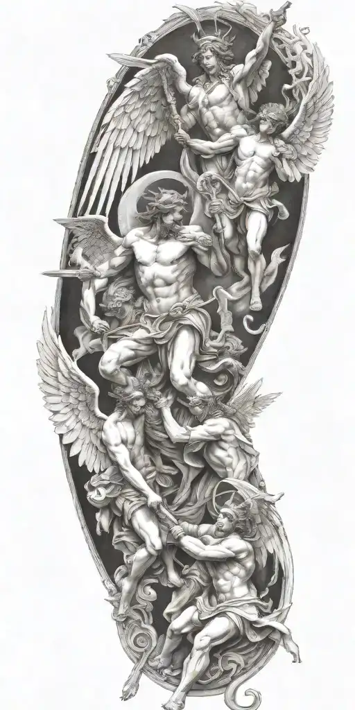 angels fighting devil sunshine cross tattoo design idea