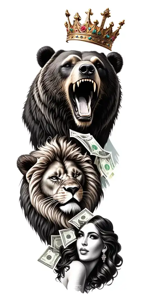 roaring bear and lion with crown and money rose and lady jutice tattoo design idea