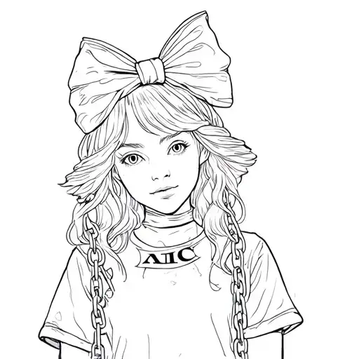 alice from alice in wonderland wrapped in chains wearing an (AIC) shirt but her head is a fish head with hair and bow  tattoo design idea