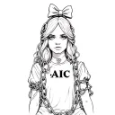 alice from alice in wonderland wrapped in chains wearing an (AIC) shirt but her head is a fish head with hair and bow  tattoo design idea