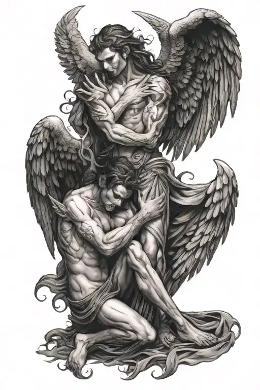 Lucifer as fallen angel, embracing Lilith from behind, both beautiful tattoo design idea