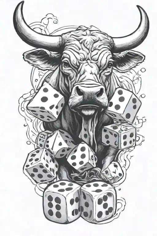 black and grey bull and dice rolling tattoo design idea