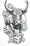 black and grey bull and dice rolling tattoo design idea
