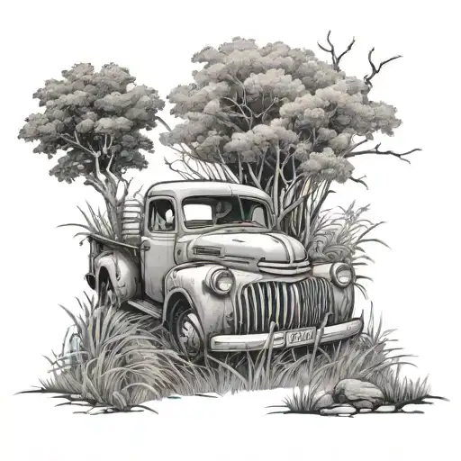 an old broke down truck that's been sitting in the back of the yard surrounded by tall grass and trees tattoo design idea