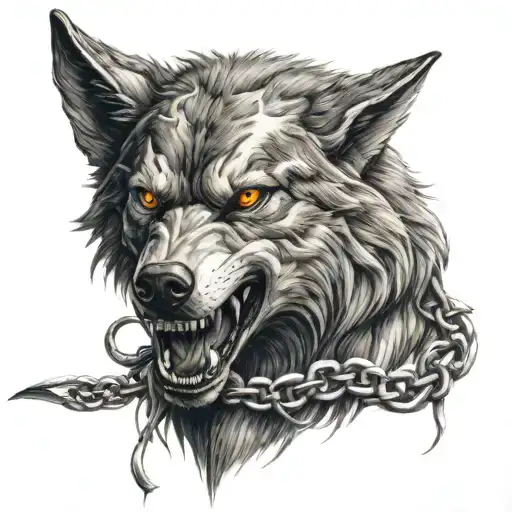 Fenrir wolf chained with a ribbon with a sword planted from the lower jaw to the upper jaw tattoo design idea