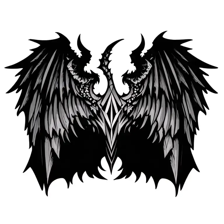 Symmetrical geometric demon wings tattoo, centered strictly on the upper chest only, detailed blackwork and dotwork line tattoo design idea