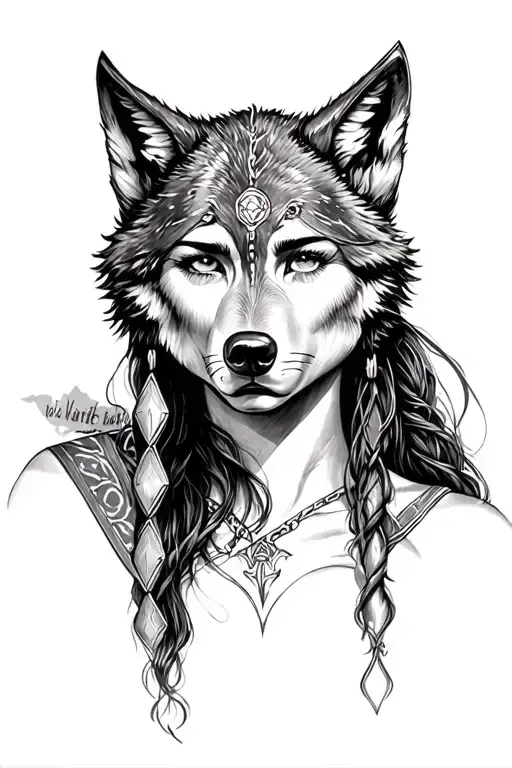 viking woman with wolf head tattoo design idea