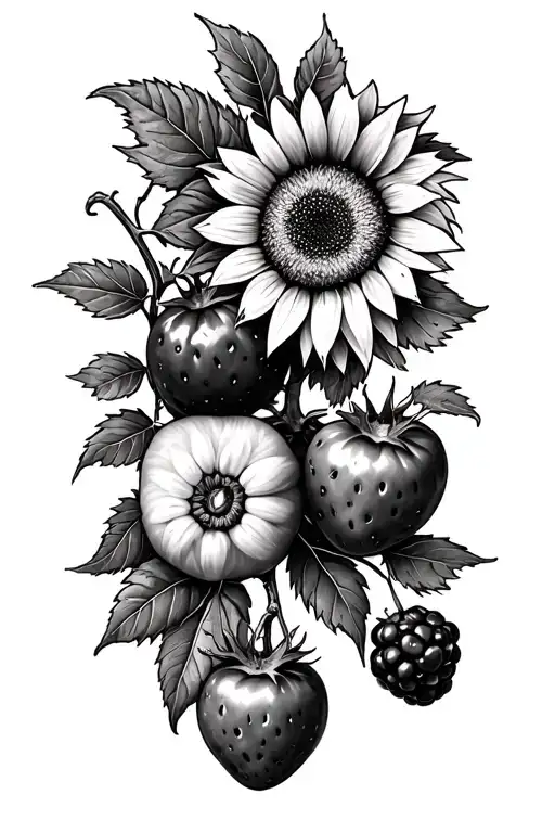 Strawberries,blackberries, sunflowers, beans on the vine, possibly cherry tomato branch, and I’d love to add herbs, but  tattoo design idea