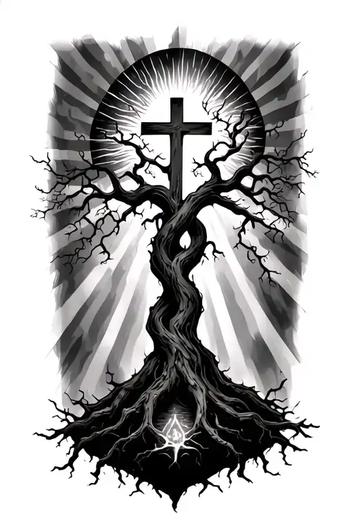 black poison tree with a cross intertwined and sun rays shining tattoo design idea