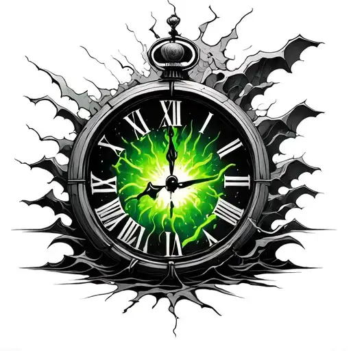 A green light flickering inside a broken clock, surrounded by waves. tattoo design idea