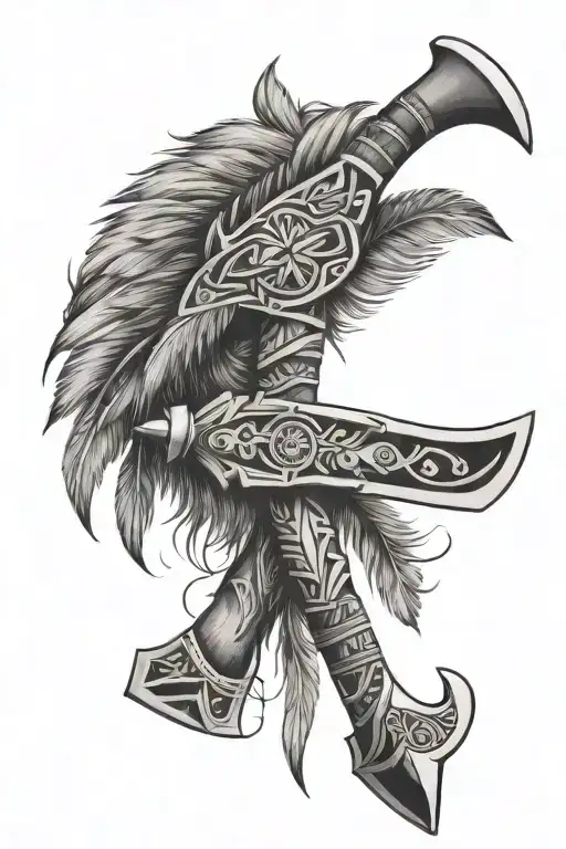 Native American tomahawk with feathers tattoo design idea
