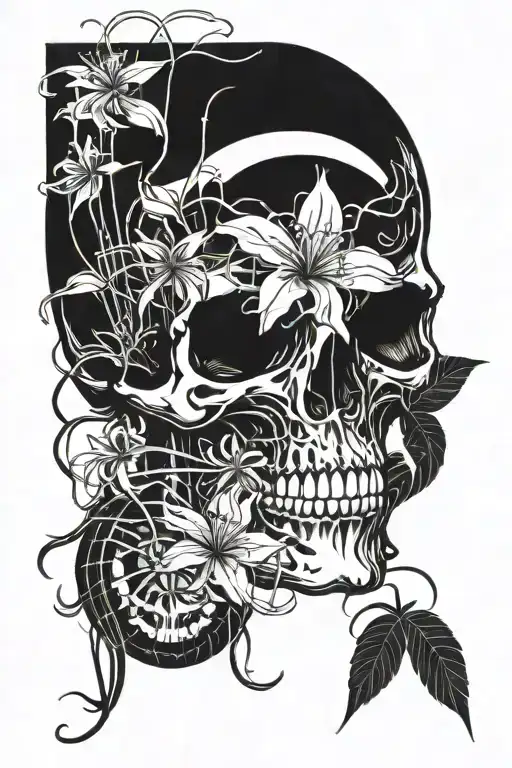 skull with spider lilies and centipede tattoo design idea